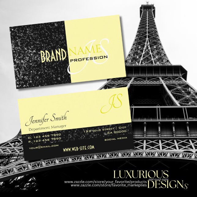 Chic Black Light Yellow Glitter Stars und Monogram Visitenkarte (Von Creator hochgeladen)