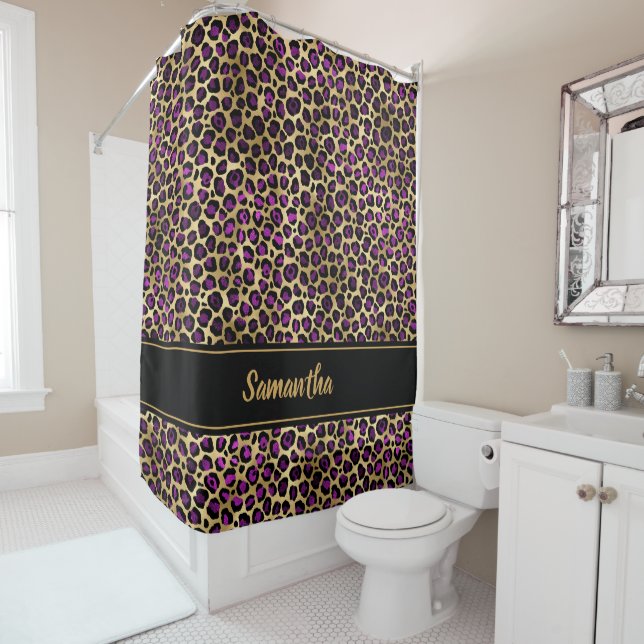 Chic Black Lila Gold Leopard Print Personalisiert Duschvorhang (Beispiel)