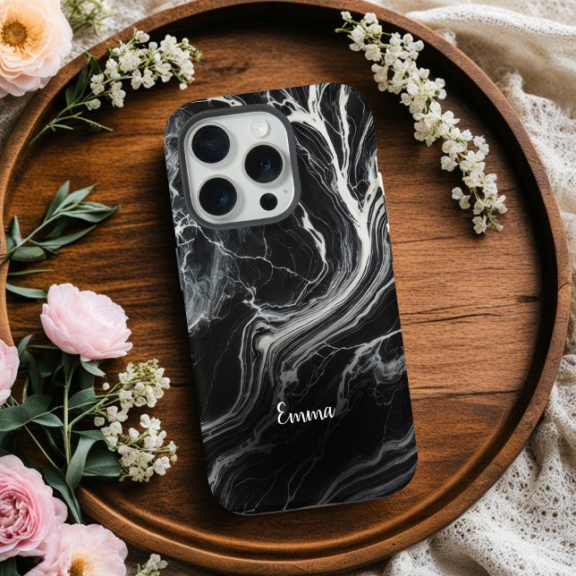 Chic Black Marble Personalisiert iPhone Case 15 Pro Hülle (Von Creator hochgeladen)