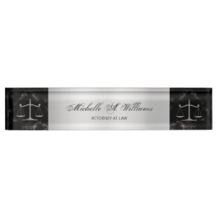Chic Black Marble Silver Scales of Justice Rechtsa Namensplakette