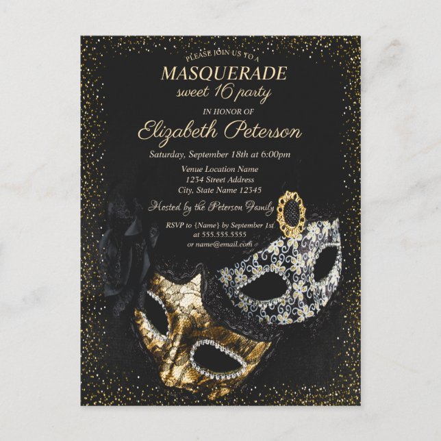 Chic Black Masquerade, Masque Confetti Sweet 16 Einladungspostkarte (Vorderseite)