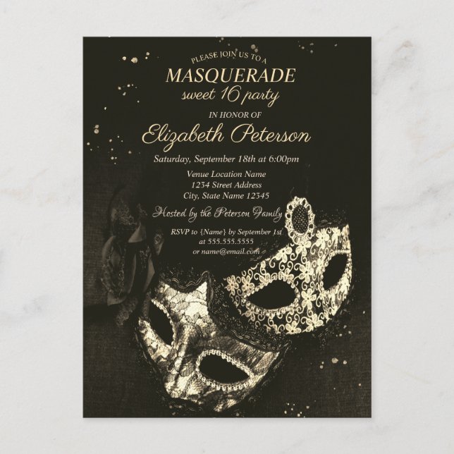 Chic Black Masquerade, Masque Sweet 16 Einladungspostkarte (Vorderseite)