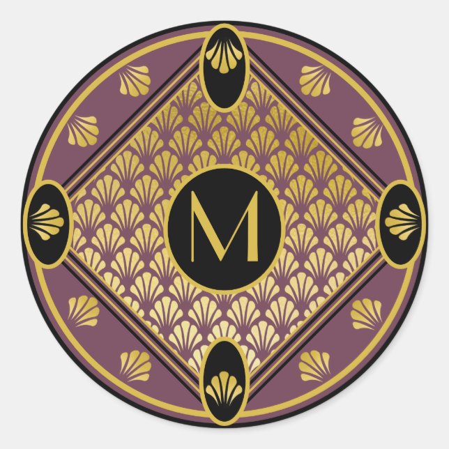 Chic Black & Mauve Art Deco Lüftermuster Monogramm Runder Aufkleber (Vorderseite)