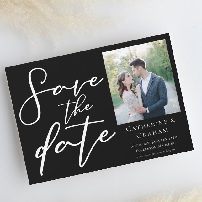 Chic Black Minimalistisch Modern Foto White Script Save The Date (Von Creator hochgeladen)