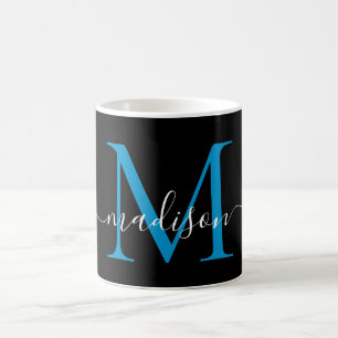 Chic Black Ocean Blue Monogram Elegant Script Kaffeetasse
