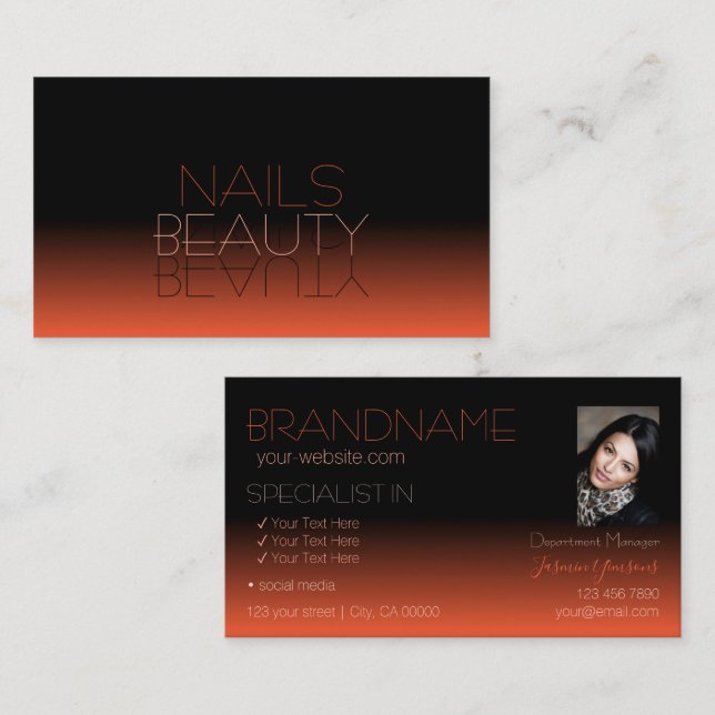 Chic Black Orange Mirror Schriftart Classic mit Fo Visitenkarte (Vorne/Hinten)