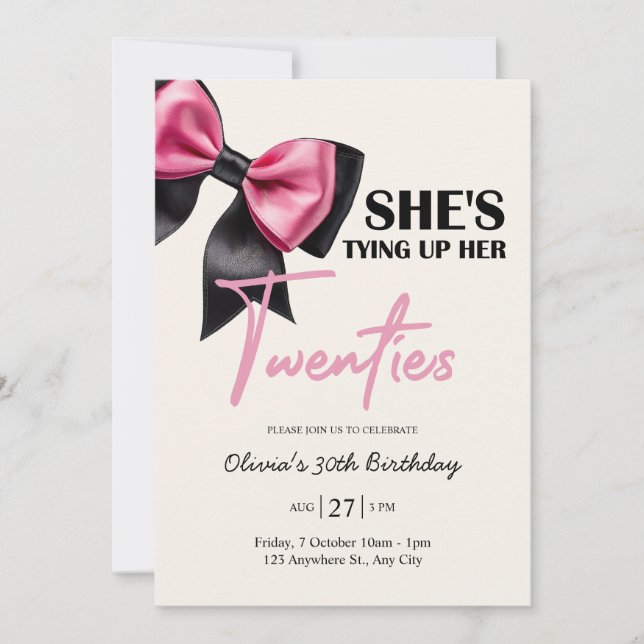 Chic Black & Pink Bow 30. Geburtstag Einladung (Vorderseite)