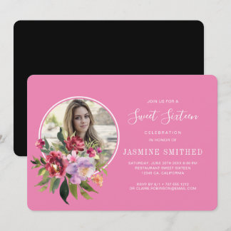 Chic Black Pink Floral Themed Foto Sweet 16 Einladung
