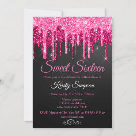 Chic Black Pink Glitzer 16 . Geburtstag Party Invi Einladung