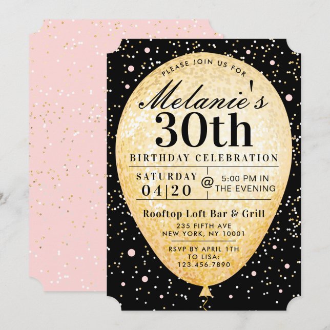Chic Black Pink & Gold Balloon Einladung zum Gebur (Vorne/Hinten)