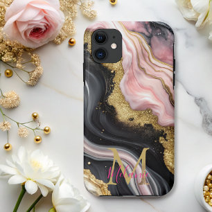 Chic Black Pink Gold Glitzer Marmor Monogram Case-Mate iPhone Hülle