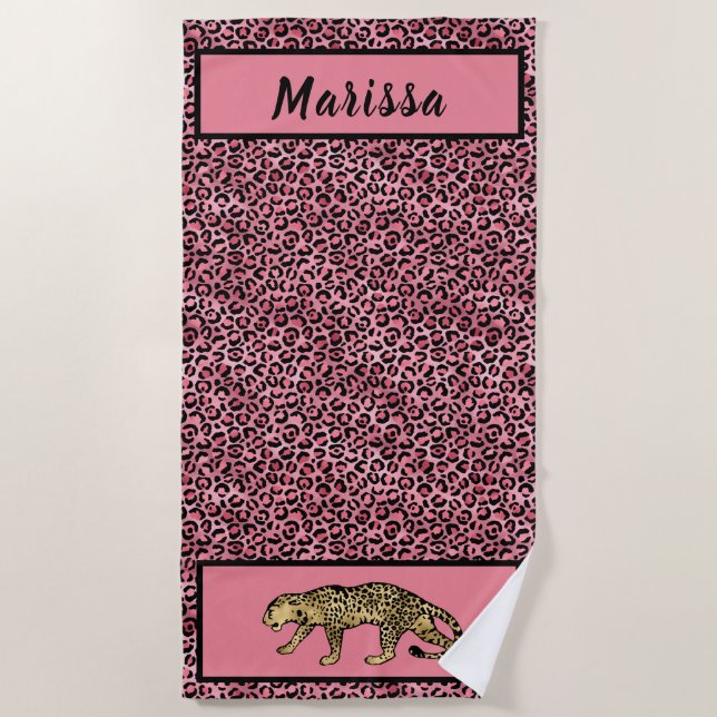 Chic Black Pink Gold Leopard Personalisiert Strandtuch (Vorderseite)