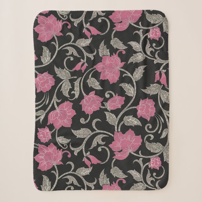 Chic Black Pink Grün Glitzer Blumenbild Sherpadecke (Vorderseite)