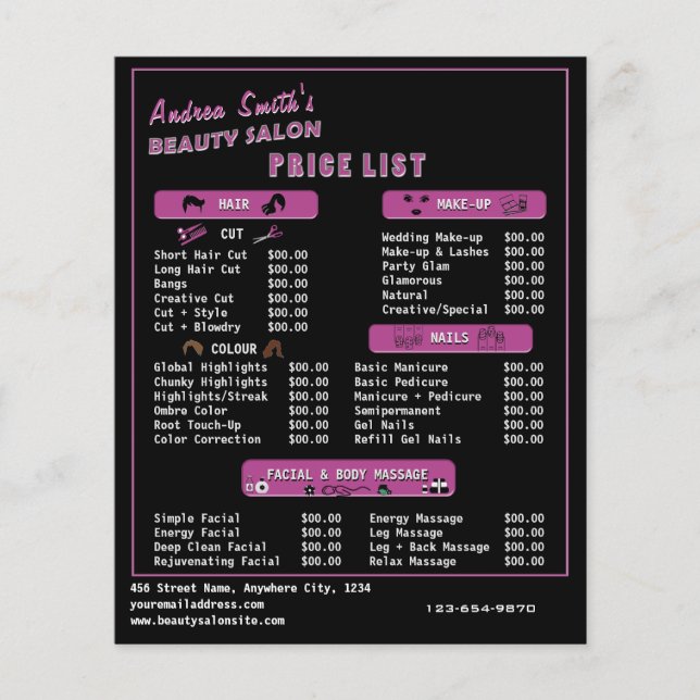 Chic Black Pink Moderne Salon Services Preismenü Flyer (Vorne)