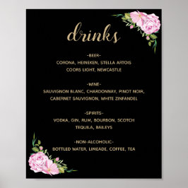Chic Black Pink Roses Drinks Menü Poster