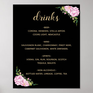 Chic Black Pink Roses Drinks Menü Poster