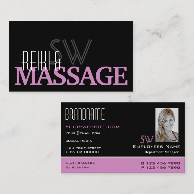 Chic Black Pink White Simple Monogram und Foto Visitenkarte (Vorne/Hinten)