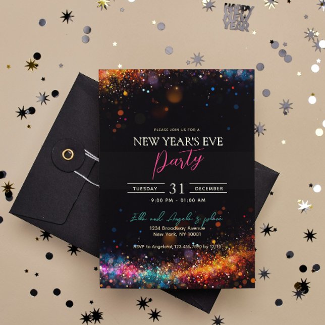 Chic Black Rainbow Glitzer Silvester Party Einladung (Von Creator hochgeladen)