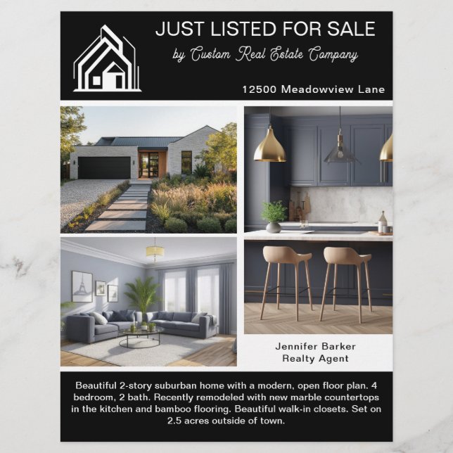 Chic Black Real Estate Home Listing 2 Sided Modern Flyer (Vorne)