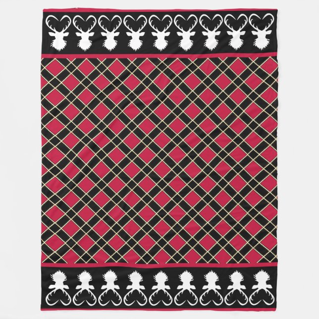 Chic Black Red Checkered & Rentier Silhouetten Fleecedecke (Vorderseite)