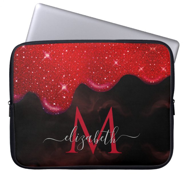 Chic Black Red Drippings Glitzer Marmormonogramm Laptopschutzhülle (Vorderseite)