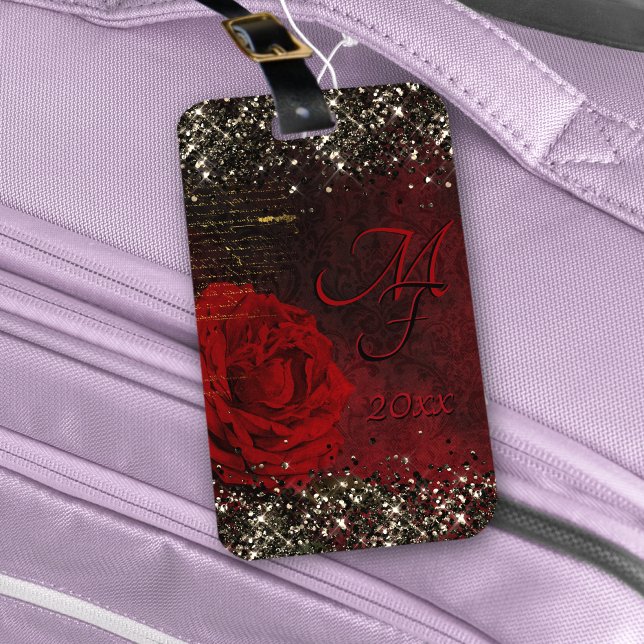 Chic Black Red Gold Glitzer Blume Monogramm Nogram Gepäckanhänger (Von Creator hochgeladen)