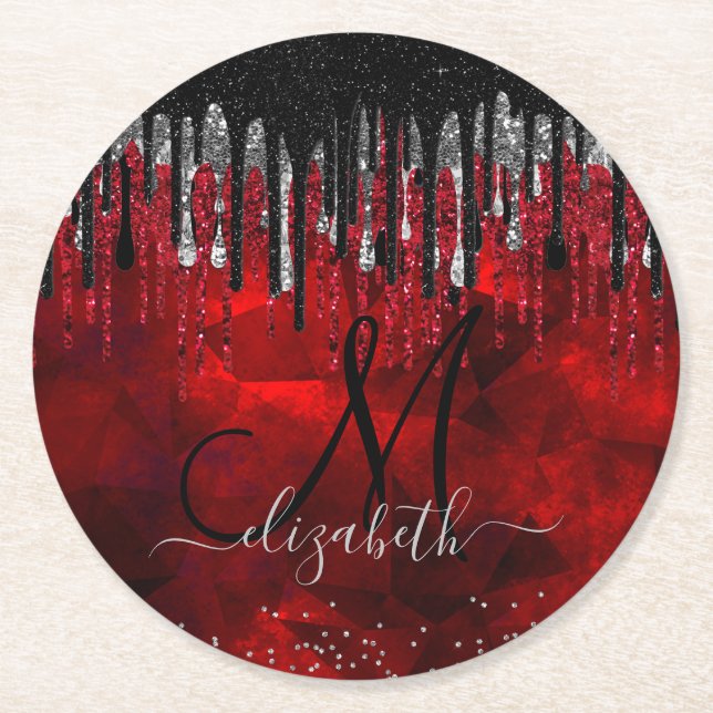 Chic Black Red Silber Glitzer Tropfen Monogramm Pa Runder Pappuntersetzer (Vorderseite)