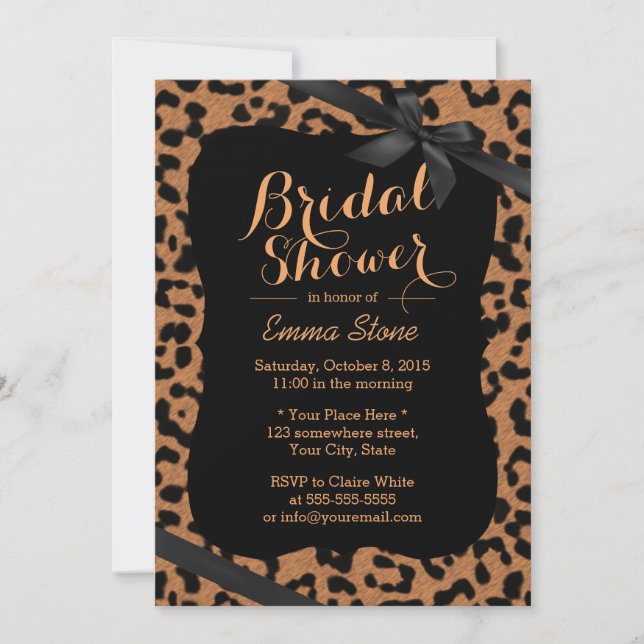 Chic Black Ribbon Leopard Print Brautparty Einladung (Vorderseite)