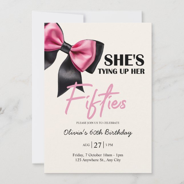 Chic Black & Rose Bow Invitation 60e anniversaire (Devant)