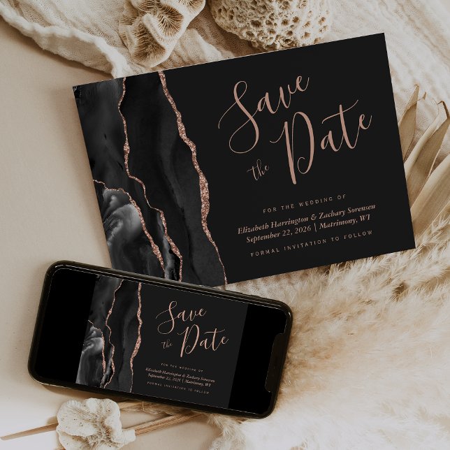 Chic Black Rose Gold Agate Dark Save the Date Card Einladung (Von Creator hochgeladen)