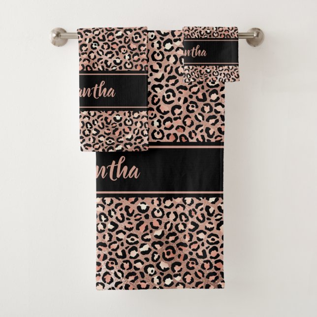 Chic Black Rose Gold Leopard Print Personalisiert Badhandtuch Set (Insitu)