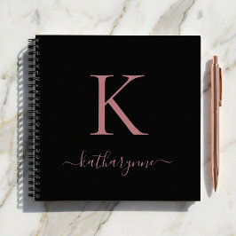 Chic Black Rose Gold Pink Monogram Name Notizbuch