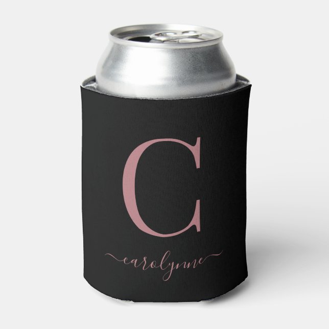 Chic Black Rose Gold Pink Monogram Script Dosenkühler (Kanne Vorderseite)