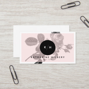 Chic Black Rose & Monogram Pink Business Card Visitenkarte