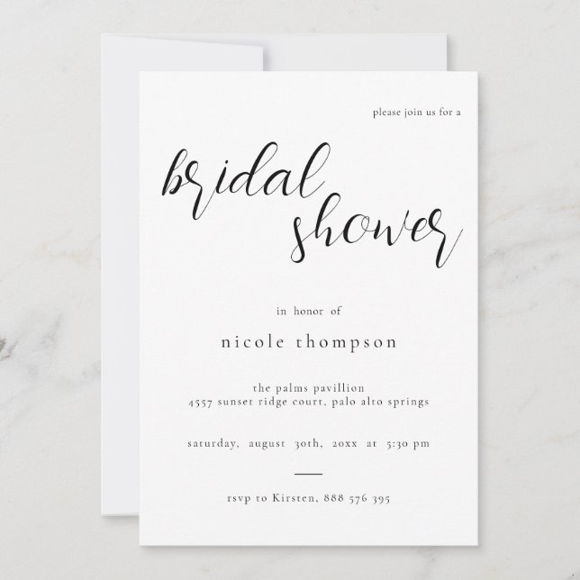 Chic Black Script Bridal Shower Invitation Minimal Einladung (Vorderseite)