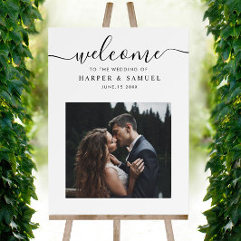 Chic Black Script Foto Wedding Welcome Sign Poster