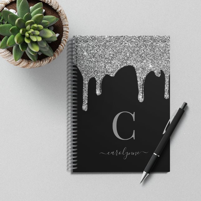 Chic Black Silver Sparkle Glitzer Tropfens Monogra Notizbuch (Von Creator hochgeladen)