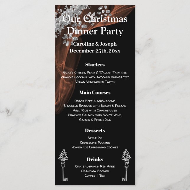 Chic Black & Silver Weihnachtsmenü mit Weihnachtsb Menükarte (Vorderseite)