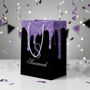 Chic Black Sparkle Lila Glitzer Tropfen Monogram Mittlere Geschenktüte