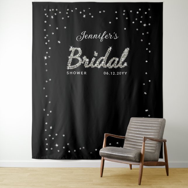 Chic Black Sparkle Script Glitzer Brautparty Wandteppich (Beispiel)