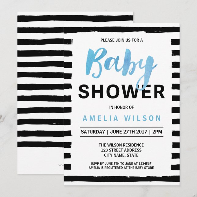 Chic Black Stripes Blue Baby Dusche Einladung (Vorne/Hinten)