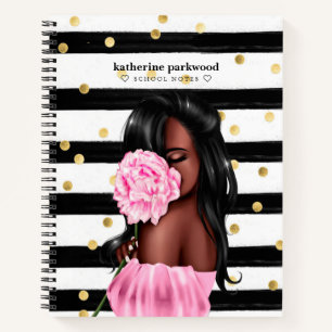 Chic Black Stripes Brünett Girl Pink Blüte Notizbuch