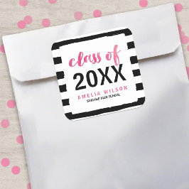 Chic Black Stripes Pink Class 2025 Abschluss Quadratischer Aufkleber