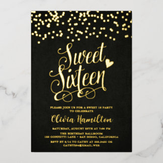 Chic Black Sweet 16 Gold Confetti Foil Einladung