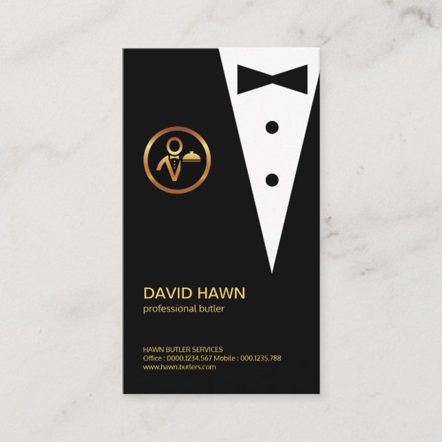 Chic Black Tuxedo Gold Boutonniere Butlers Logo Visitenkarte (Vorderseite)