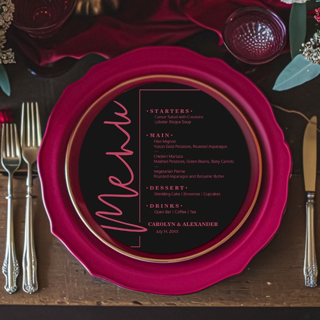 Chic Black und Magenta Round Menükarte (Chic black round menu with your choices in magenta hot pink lettering. )
