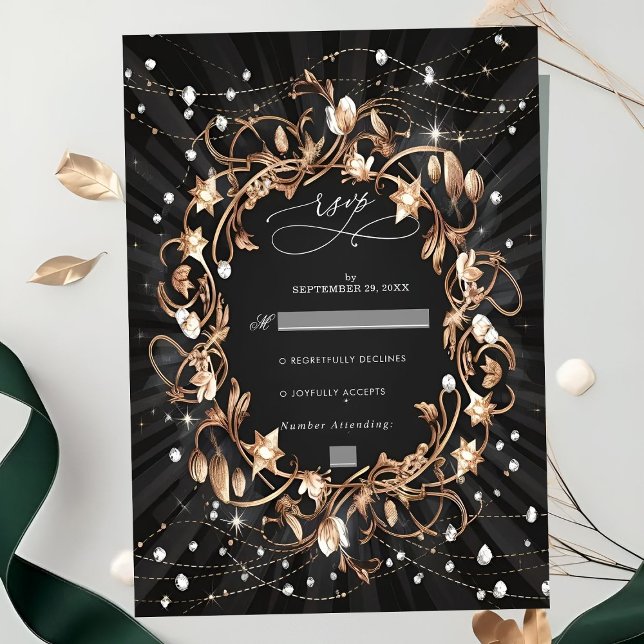 Chic Black Verziert Golden Blätter Hochzeit RSVP Karte (Von Creator hochgeladen)