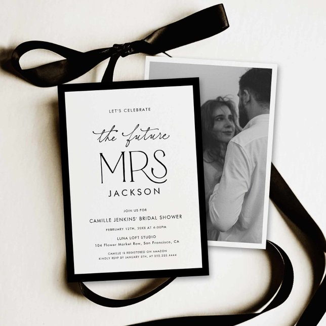 Chic Black & White Bridal Shower Photo Invitation Einladung (Future mrs bridal shower invite)