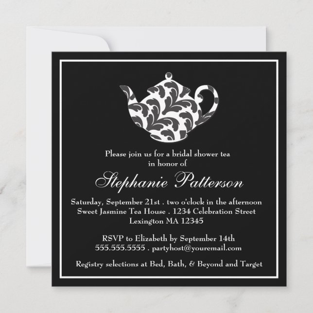 Chic Black & White Damask Brautparty Tee Party Einladung (Vorderseite)