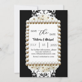 Chic Black & White Damask Pearl Rett-the-Date Einladung